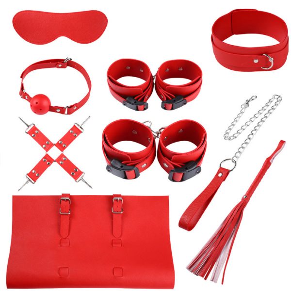 Kit Sadomasoquista com 7 Peças em Couro Sintético Vermelho – BONDAGE KITS