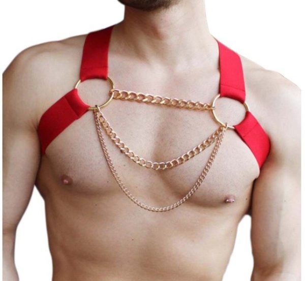 Arreio Peitoral Vermelho em Elastico Com Correntes BDSM Fetiche