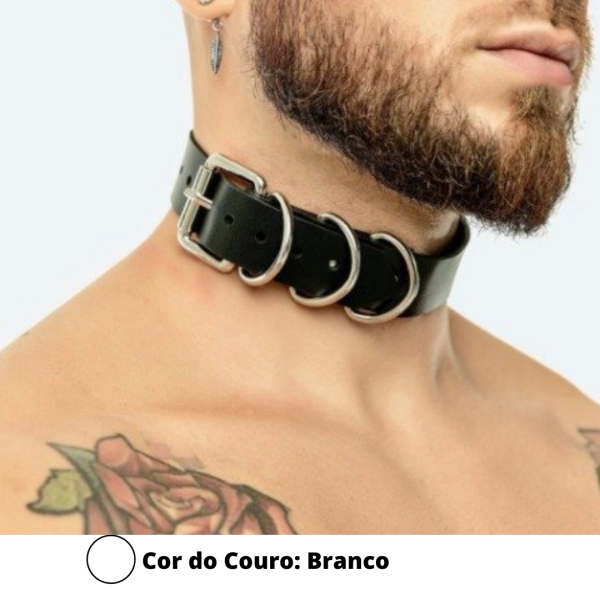 Colar Masculino Sexy Sado Fetiche Em Couro Branco e Argolas