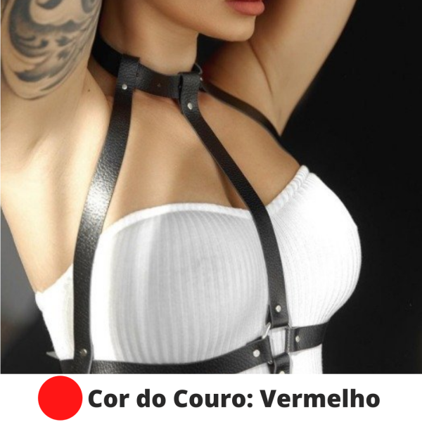 Arreio Colar Harnes Feminino Sexy em Couro Vermelho e Metais BDSM