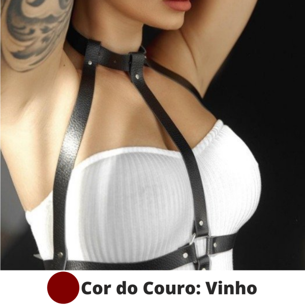 Arreio Colar Harnes Feminino Sexy em Couro Vinho e Metais BDSM
