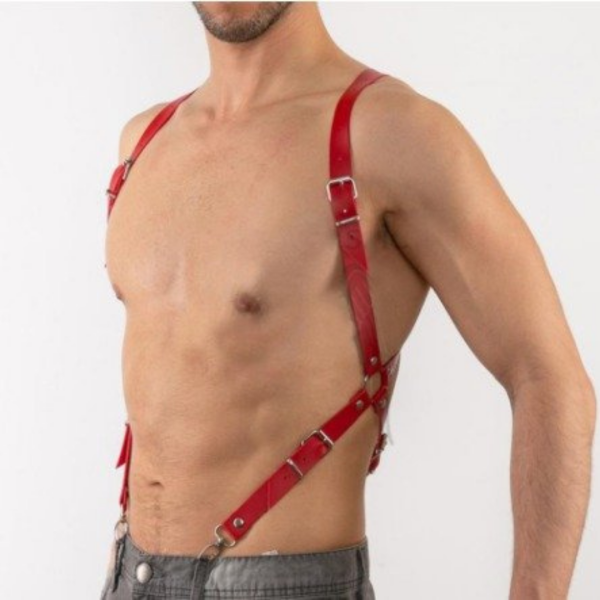 Arreio Arnês Sexy Suspensório Masculino Em Couro Vermelho