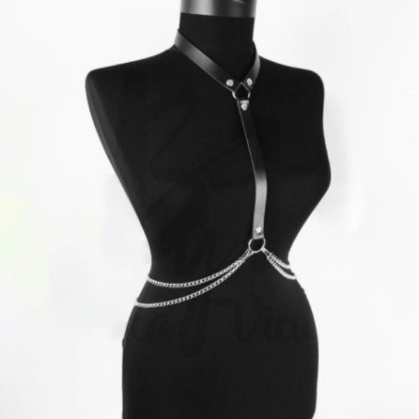 Colar Com Arreio Harness Couro Preto Com Cinto de Corrente Fetiche - Image 6