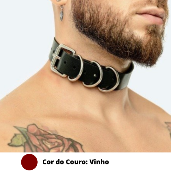 Colar Masculino Sexy Sado Fetiche Em Couro Vinho e Argolas