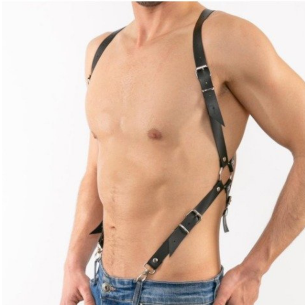 Arreio Arnês Sexy Suspensório Masculino Em Couro Preto