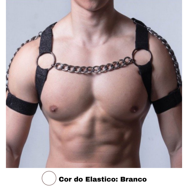 Arreio Arnês Peitoral Masculino Em Elástico Branco BDSM Detalhes em Metal