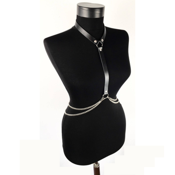 Colar Com Arreio Harness Couro Preto Com Cinto de Corrente Fetiche - Image 5