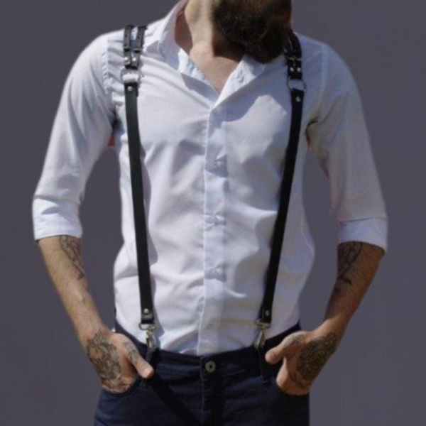 Suspensório Harness Em Couro Branco Sexy Masculino Com Metais - Image 3