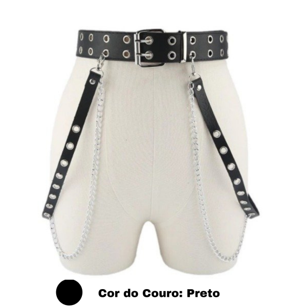 Cinto Arreio em Couro Preto Fetiche Com Correntes Harness