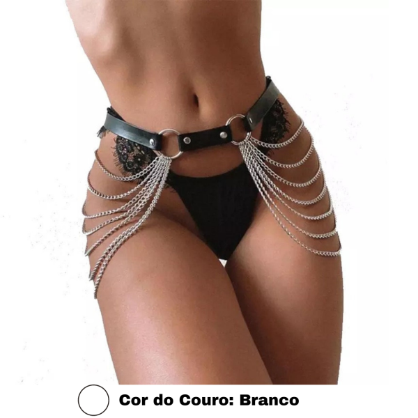Cinto Arreio Sexy em Couro Branco Com Correntes Harness BDSM