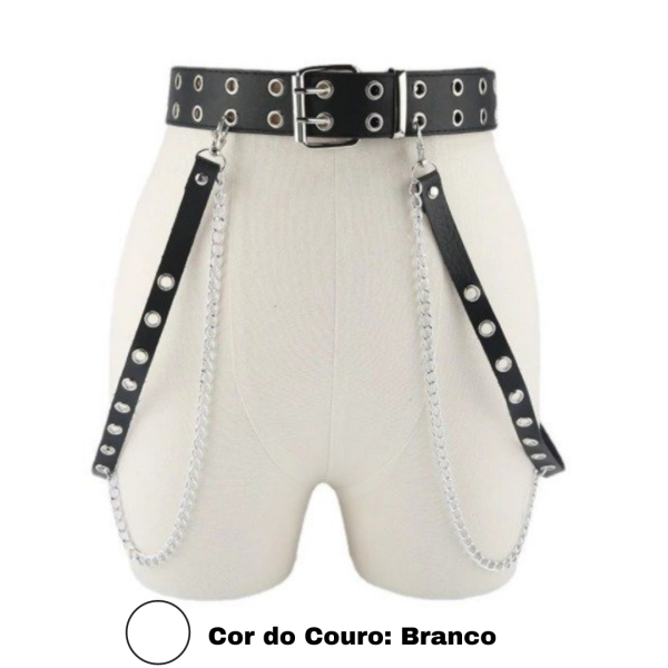 Cinto Arreio em Couro Branco Fetiche Com Correntes Harness