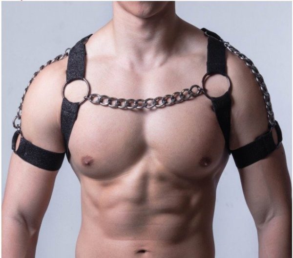 Arreio Arnês Peitoral Masculino Em Elástico BDSM Detalhes em Metal