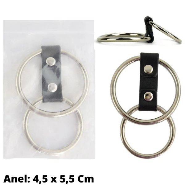 Anel Peniano Duplo em Metal Com Tira de Couro 4,5 x 5,5 Cm