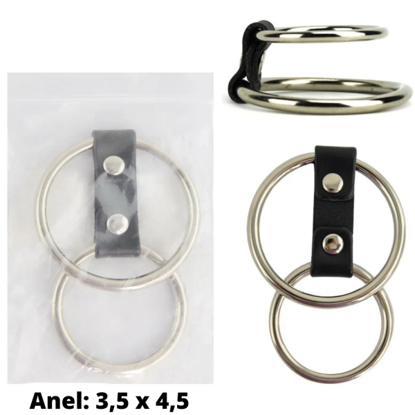 Anel Peniano Duplo em Metal Com Tira de Couro 3,5 x 4,5 Cm