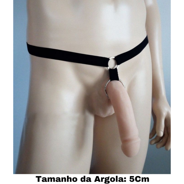 Cinto Em Elástico Preto Anel Peniano Com Argola em Aço 5Cm