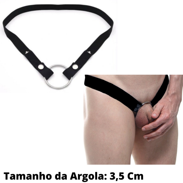Anel Peniano Com Cinto em Elástico Preto Ajustável Com Argola 3,5 Cm