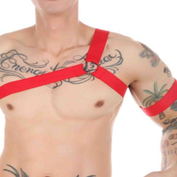 Arreio Peitoral e Bracelete Harness Masculino Em Elástico Vermelho