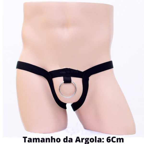 Anel Peniano Com Cinto Elástico Preto E Argola Aço 6Cm