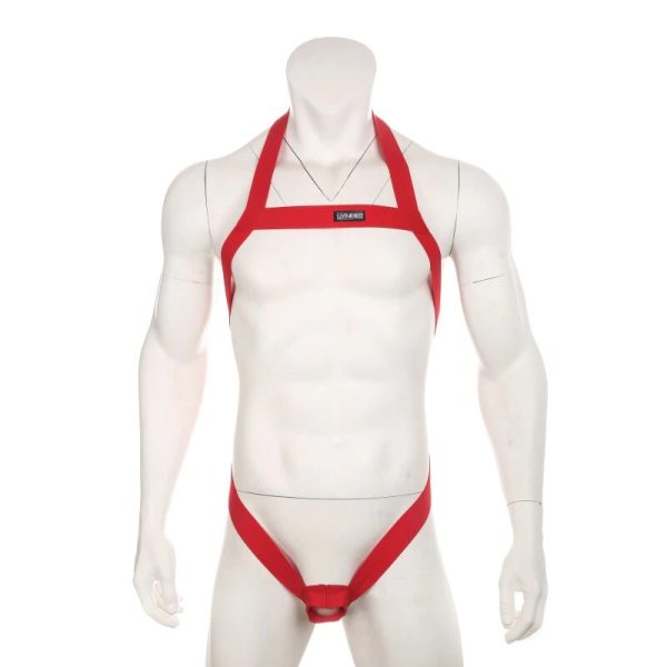 Arreio Harnes Masculino Em Elástico Vermelho Com Anel Peniano