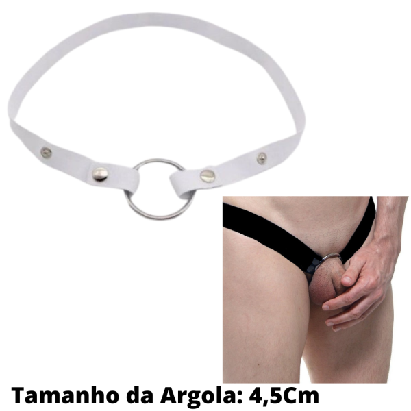 Anel Peniano Com Cinto em Elástico Branco Ajustável Com Argola 4,5Cm