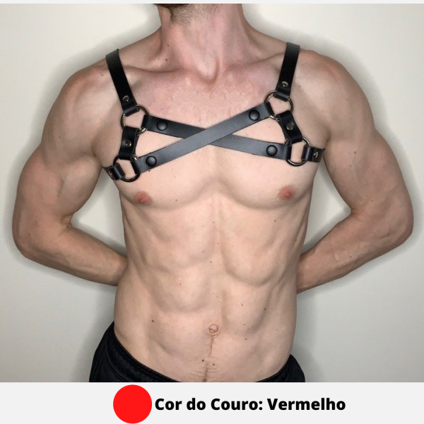 Arreio Peitoral Em Couro Vermelho Com Botões e Argola Harness