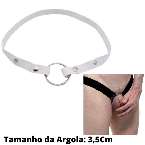 Anel Peniano Com Cinto em Elástico Branco Ajustável Com Argola 3,5Cm