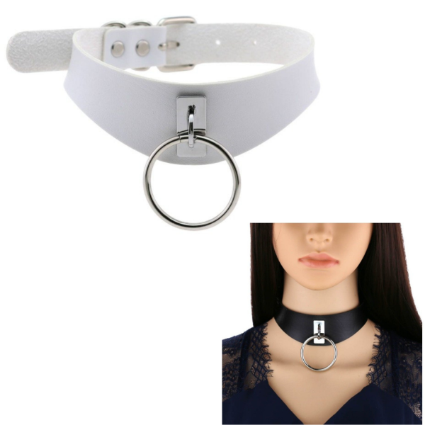Gargantilha Colar Sexy Em Couro Branco Com Argola Fetiche