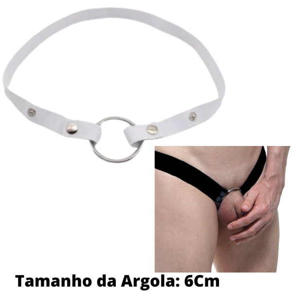 Anel Peniano Com Cinto em Elástico Branco Ajustável Com Argola 6Cm