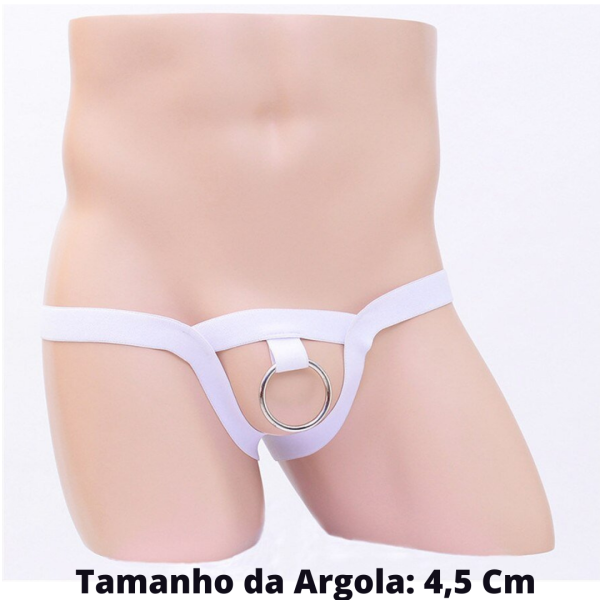 Anel Peniano Com Cinto Elástico Branco E Argola Aço 4,5Cm