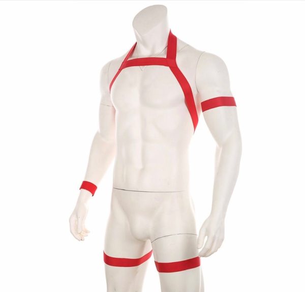 Arreio Masculino Harness Peito e Coxa Em Elástico Branco Com Bracelete - Image 2