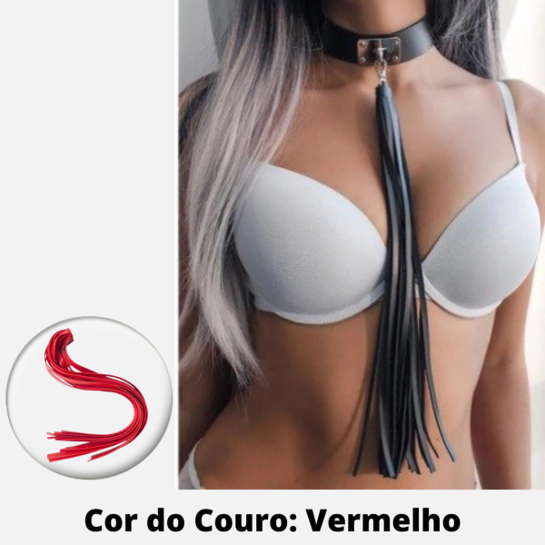 Colar Gargantilha em Tiras de Couro Vermelho Sado Fetiche BDSM