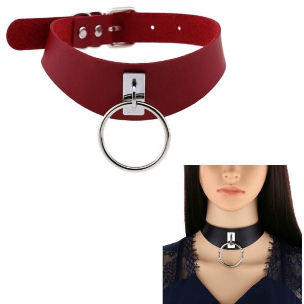 Gargantilha Colar Sexy Em Couro Vermelho Com Argola Fetiche