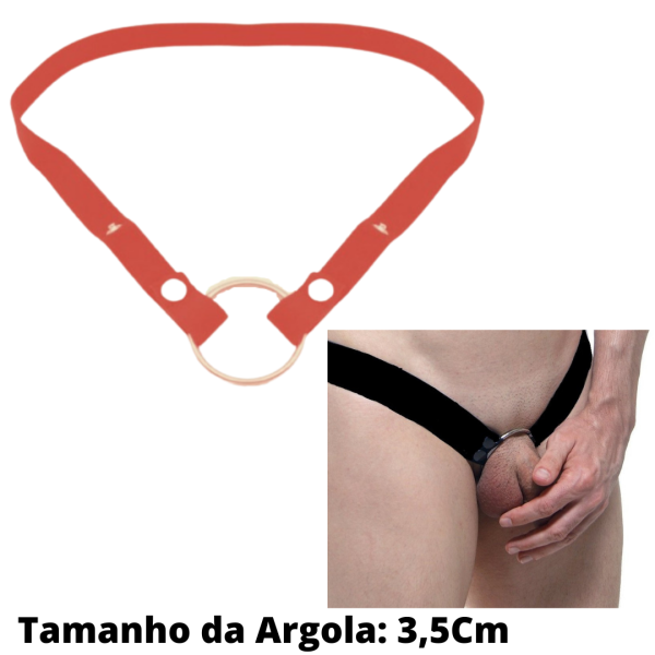 Anel Peniano Com Cinto em Elástico Vermelho Ajustável Com Argola 3,5Cm
