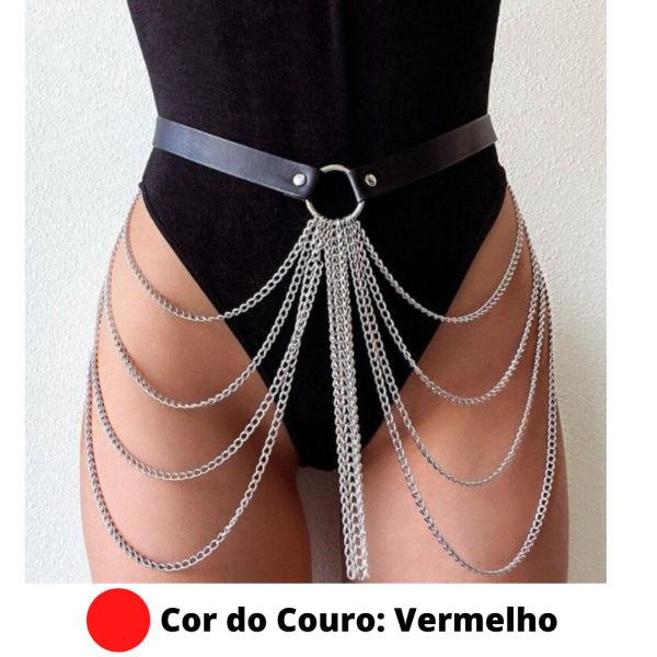Cinto em Couro Vermelho Erótico Harness Com Correntes Sexy Feminino