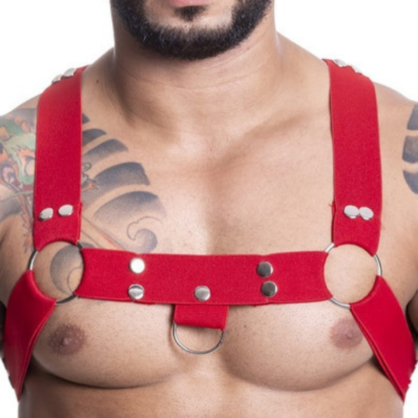 Arreio Em Elástico Vermelho Harness Peitoral Detalhes em Metal