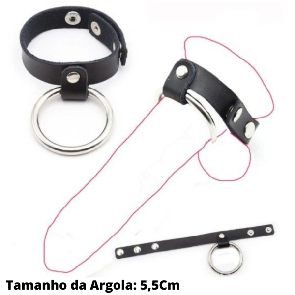 Anel Peniano Em Couro Com Regulagem em Botões Argola Metal 5,5Cm