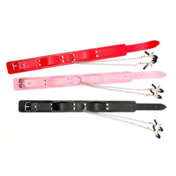 Coleira Em Couro Vermelho Harness Com Prendedor de Mamilos - Image 5