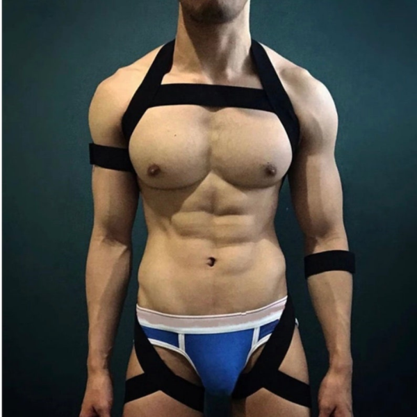 Arreio Masculino Harness Peito e Coxa Em Elástico Preto Com Bracelete - Image 2