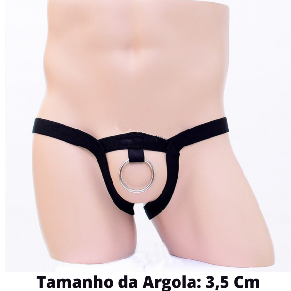 Anel Peniano Com Cinto Elástico Preto Com Regulagem E Argola Aço 3,5Cm