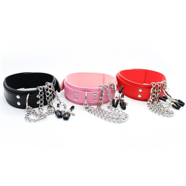 Coleira Em Couro Vermelho Harness Com Prendedor de Mamilos - Image 7