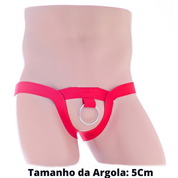 Anel Peniano Com Cinto Elástico Vermelho E Argola Aço 5Cm