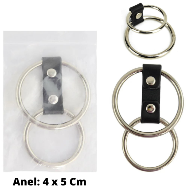 Anel Peniano Duplo em Metal Com Tira de Couro 4 x 5 Cm