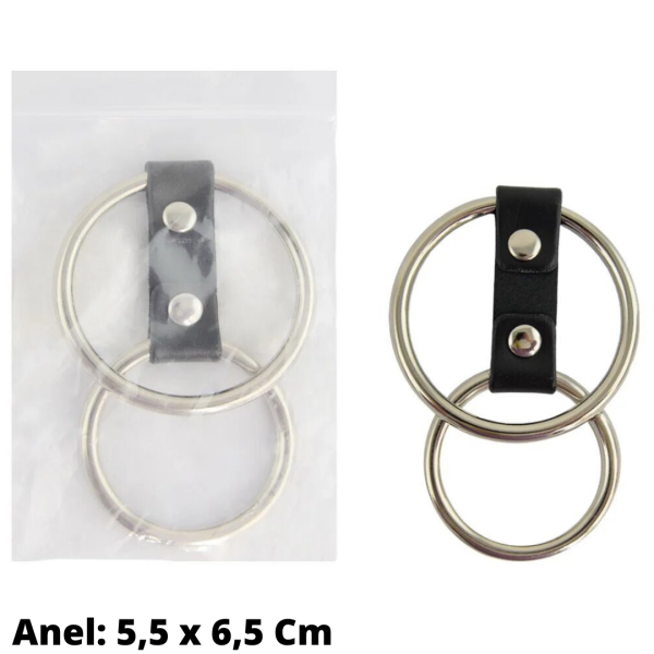 Anel Peniano Duplo em Metal Com Tira de Couro 5,5 x 6,5 Cm