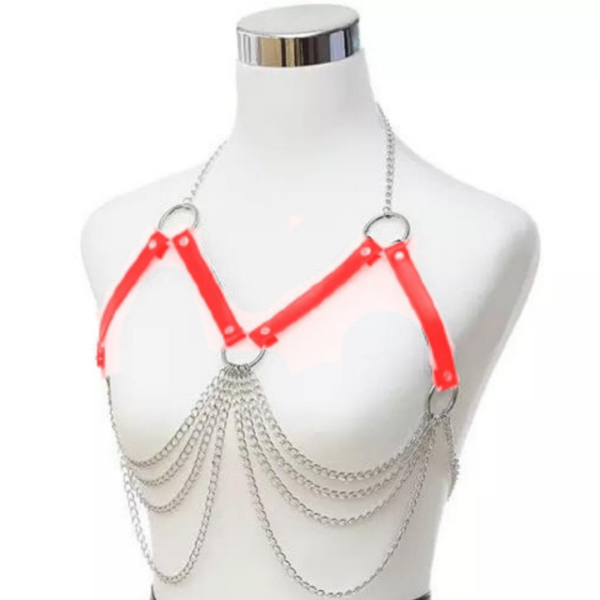 Lingerie Arreio Harness Sutiã Couro Vermelho Com Detalhes em Correntes Sexy