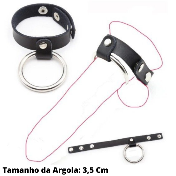 Anel Peniano Em Couro Com Regulagem em Botões Argola Metal 3,5 Cm