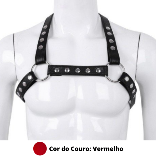 Arreio Harness Masculino em Couro Vermelho Com Botões BDSM