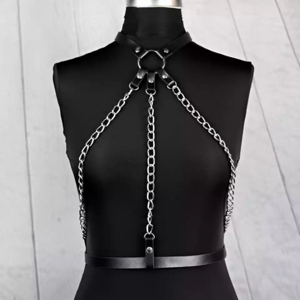 Colar Arreio Harness Com Correntes em Couro Vermelho BDSM - Image 3