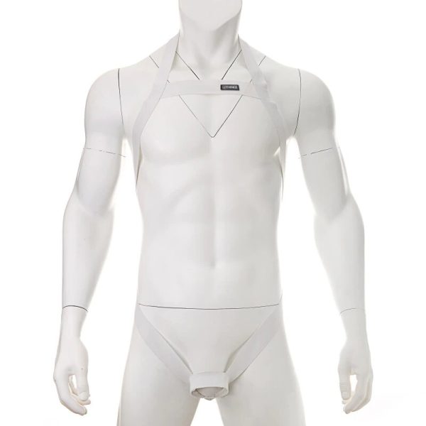 Arreio Harnes Masculino Em Elástico Branco Com Anel Peniano