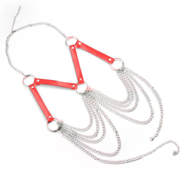 Lingerie Arreio Harness Sutiã Couro Vermelho Com Detalhes em Correntes Sexy - Image 2