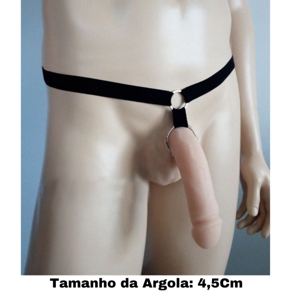 Cinto Em Elástico Preto Anel Peniano Com Argola em Aço 4,5Cm